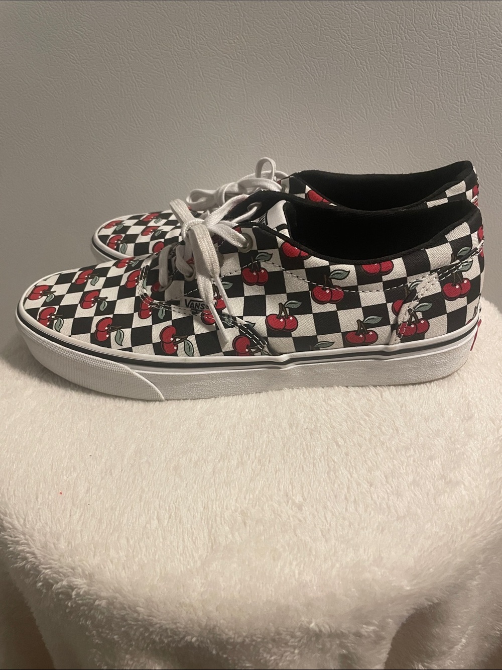Vans Kids Checkerboard Cherry Canvas Sneakers - Black/White/Red - Picture 2 of 8